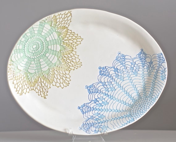 Candied Oval Platter, green and blue handmade