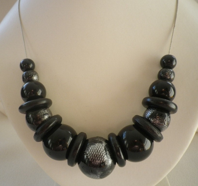 Black Lace Beads and Rings Chunky Necklace and Earrings