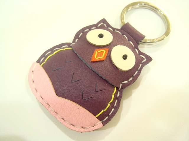 Leather Keychain - Fiona the Owl leather charm ( Purple )