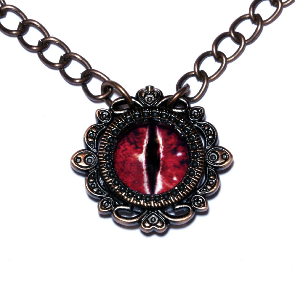 Neo Victorian Jewelry - Red Evil Dragon Eye Necklace - Copper Tone
