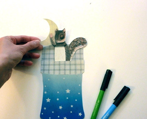 DIY Cute Moon & Sleeping Squirrel Card Printable PDF for Pen Pals, Friends, Besties, Dreamers, Blue, White, Gray, Brown