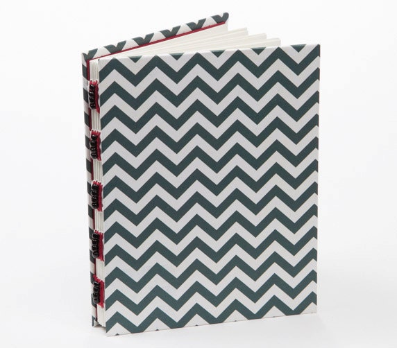 Black and white chevron journal, notebook, beaded spine - BookgirlsStudio