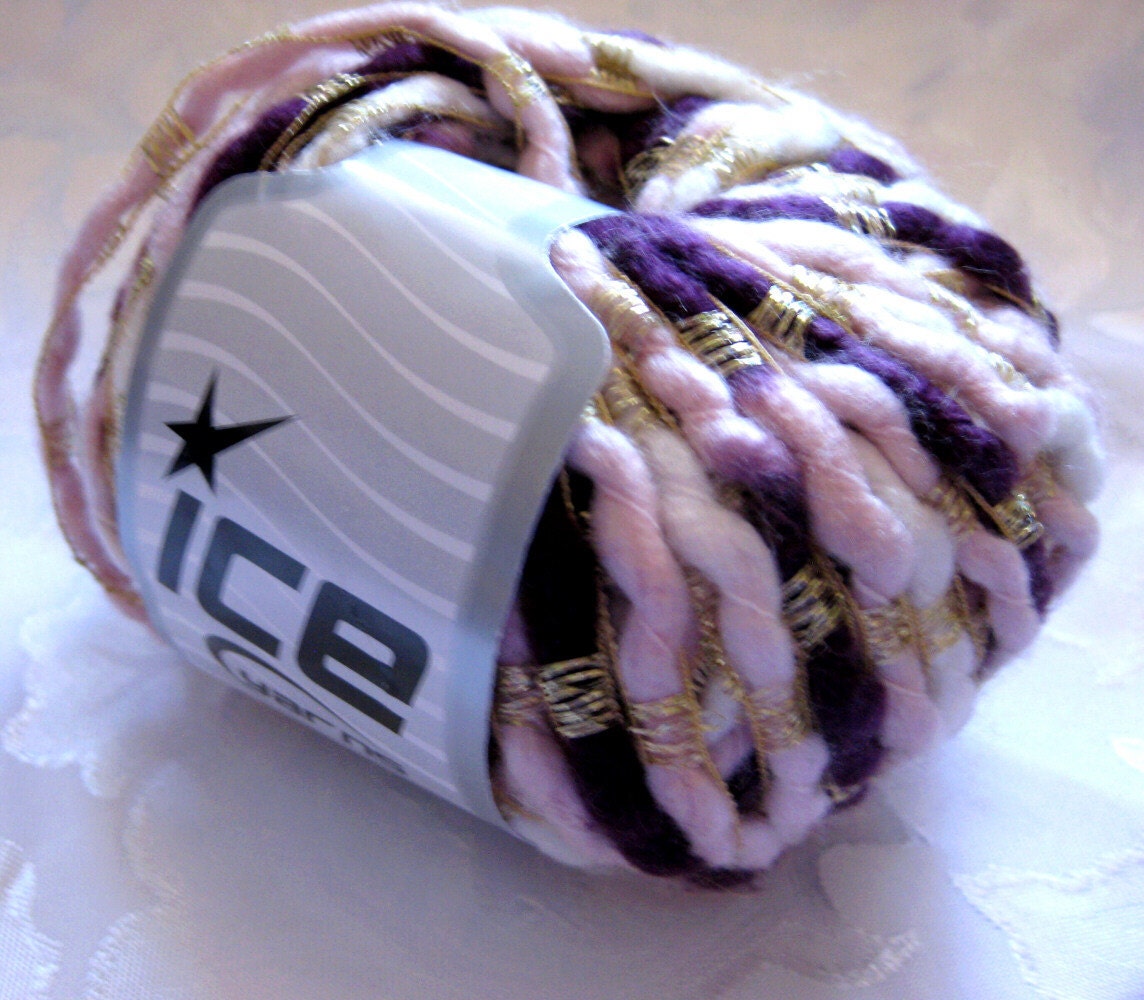 gold ladder ribbon yarn over a purple pink white chenille yarn, Ice yarns, bulky weight