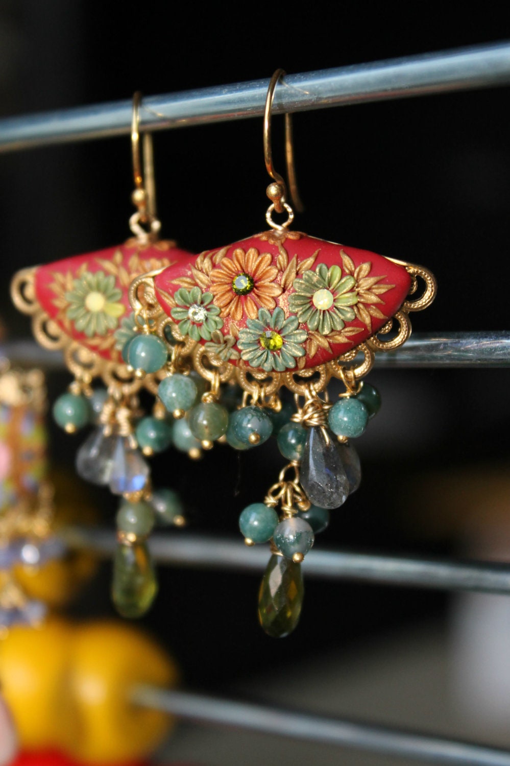 Labradorite and Olive Vesuvianite with brass filigree and moss agate , floral clay detailed earrings in goldfill and vermeil - Early Autumn