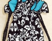 The perfect travel organizer Jewelry Pouch in Black and White Damask with Turquoise