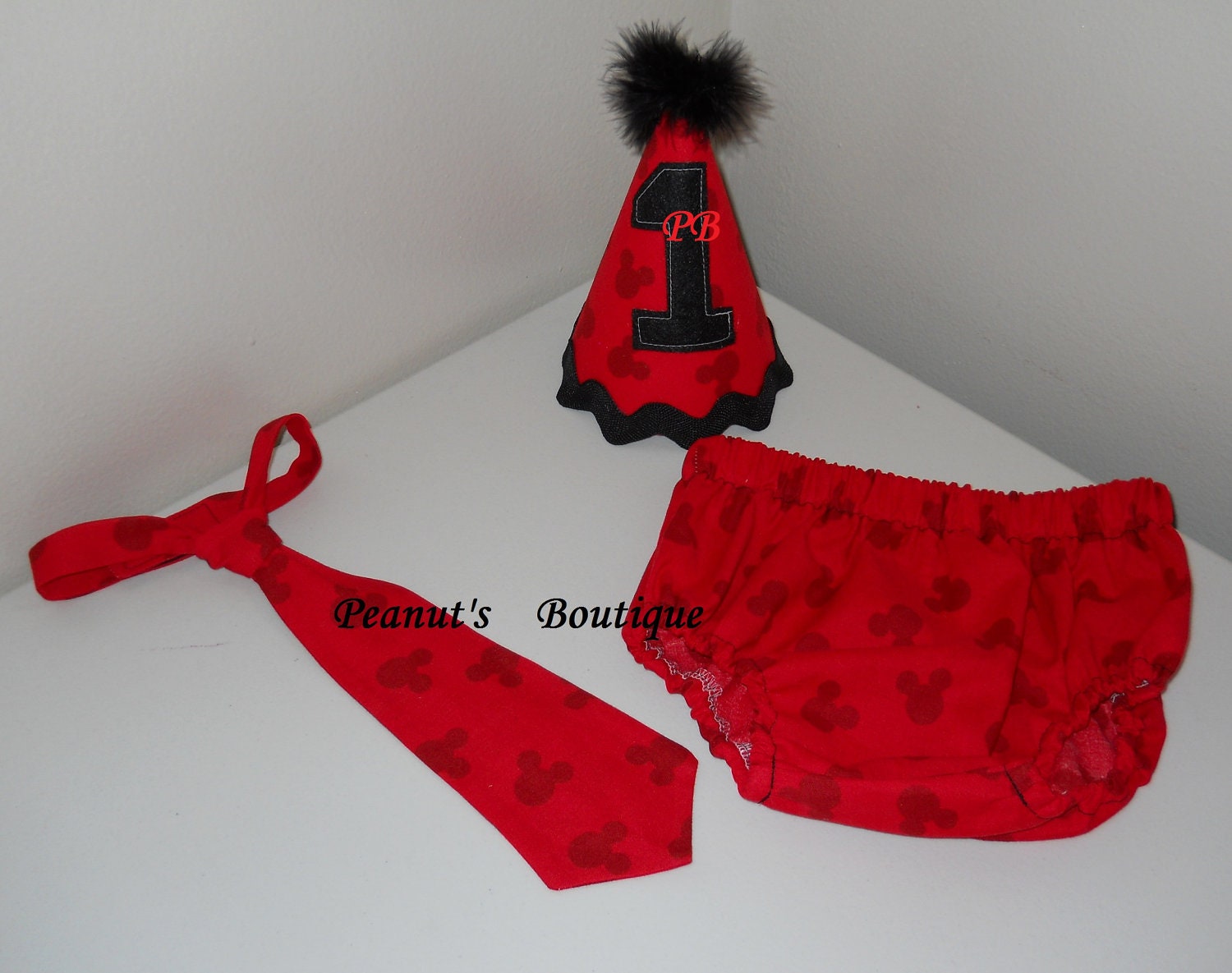 Baby Boy Toddler First Birthday Diaper Cover, Tie & Party Hat Mickey Mouse-- Photo Prop