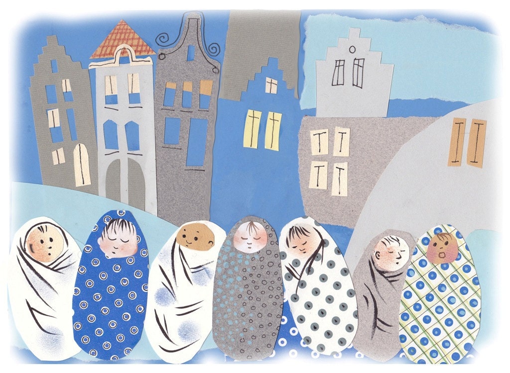 Swaddled babies - Collage, crayon and ink - Giclée print of original illustration - Baby, children, nursery decor, archival print