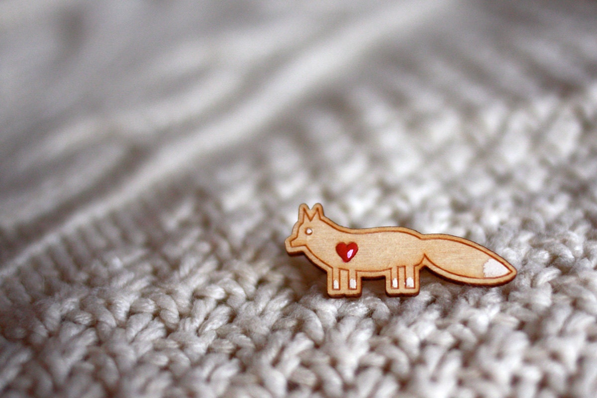 Little Fox Brooch. Hand Painted. Laser Cut. Sustainable Birch Wood.
