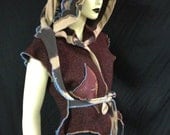 Felted Soft  Wool Fantasy Elf Fairy Vest Rusty Brown Ties Long Hood Scarf  Hand Made Appliqué Hand Dyed