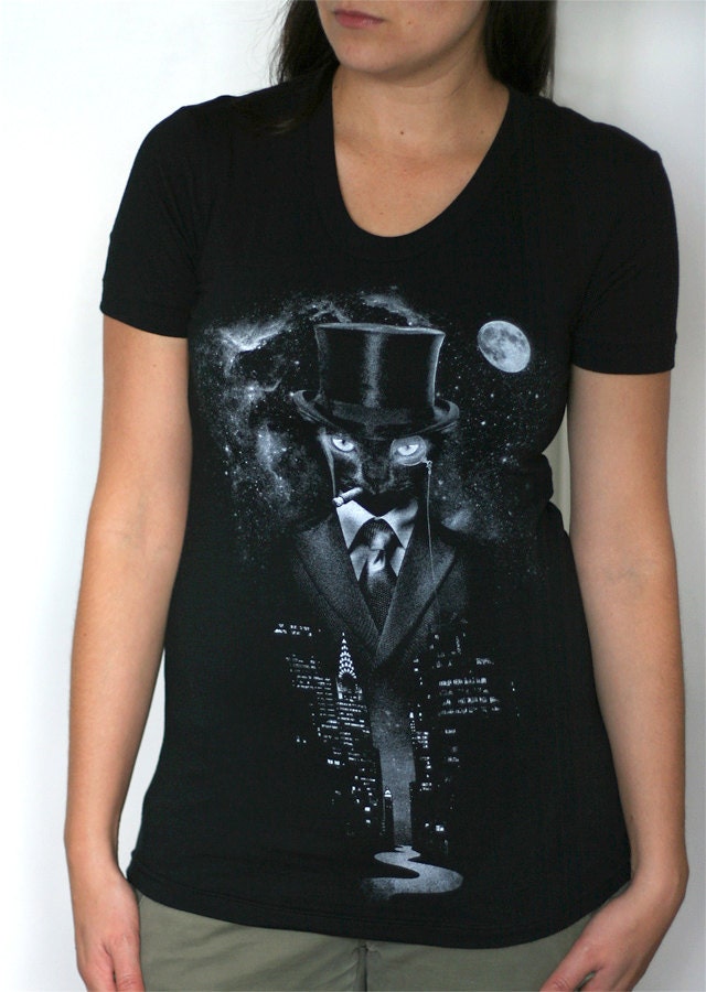 Night Watch - American Apparel Womens T shirt ( Space, Galaxy, Cat art t shirt, Surreal t shirt )