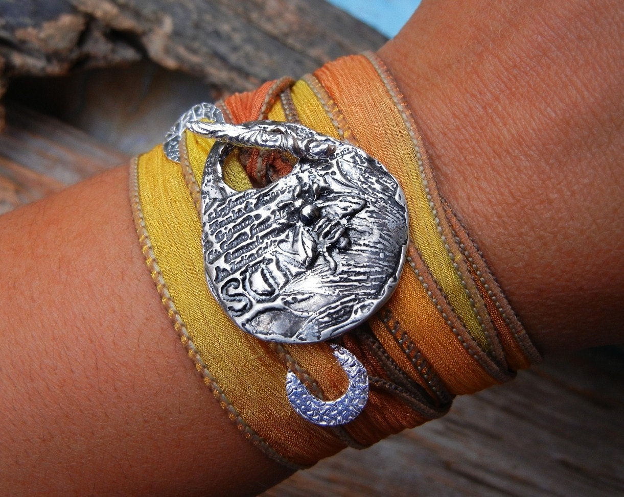 Handmade Sterling Silver Jewelry, Silk Wrap Bracelet, Honey Bee STERLING Silver Toggle Bracelet, Gift for Her, Wrap Bracelet, 18 Colors