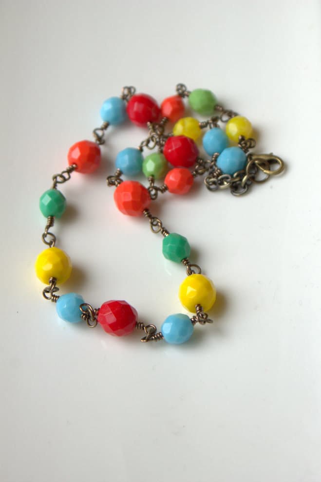 Summer Fiesta Necklace, Beaded Necklace, Colorful, Red, Yellow, Blue, Green, Multicolored, Brass Necklace, Glass Beads
