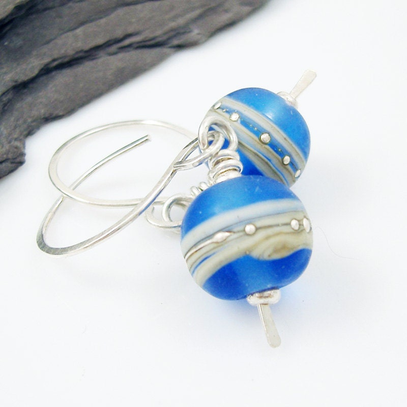 Blue Etched Glass Earrings, Blue Lampwork bead & Silver Earrings, Sterling Silver