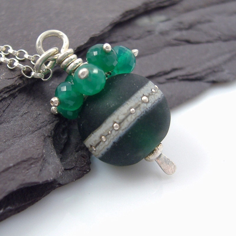 Lampwork Glass and Green Onyx Pendant with Silver Chain - StoneGems