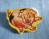 Piggy Brooch made from Vintage Wooden Puzzle Piece. With Gift Tag.