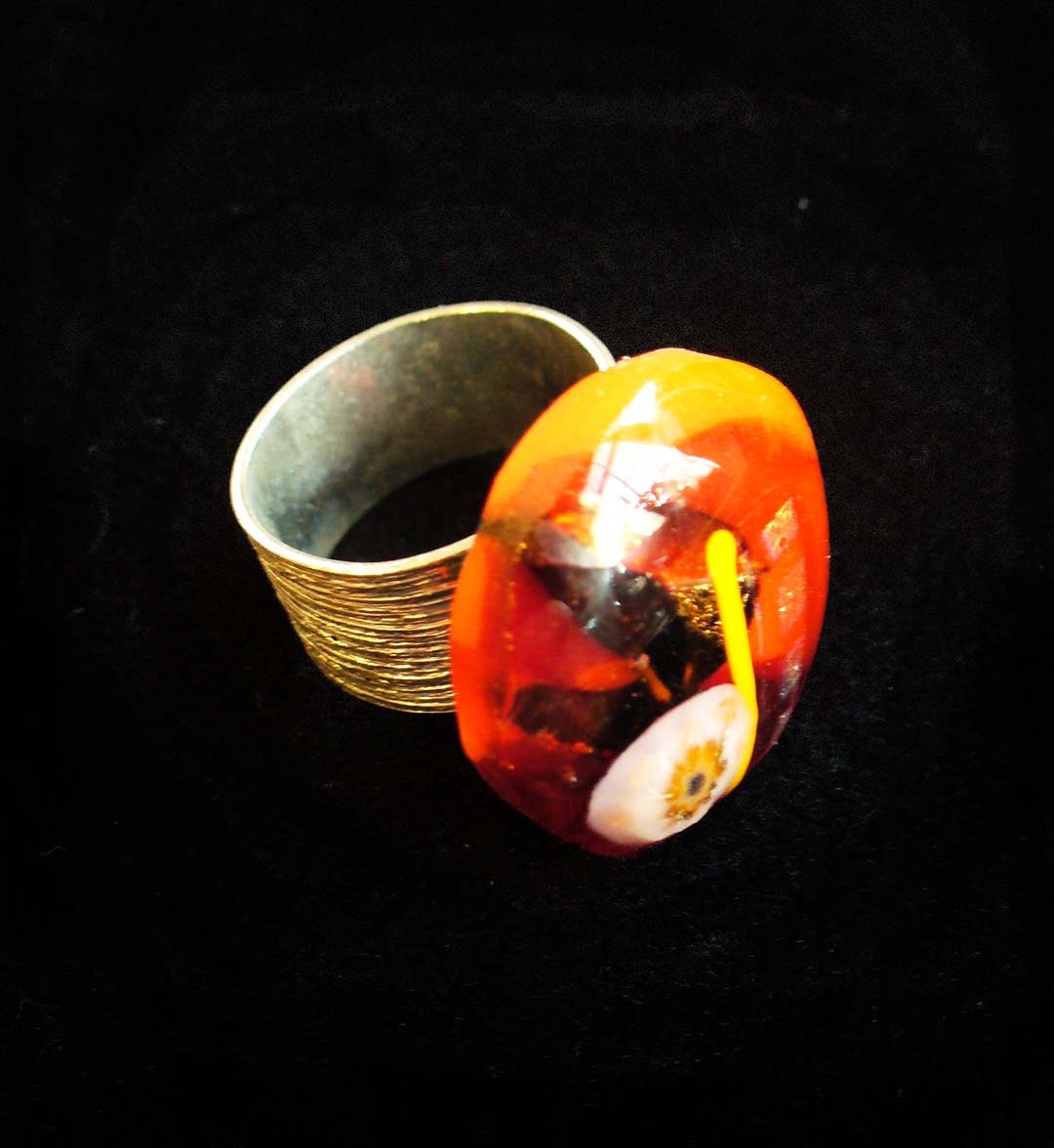 Fused Dichroic Glass Ring - Hot Red Melody