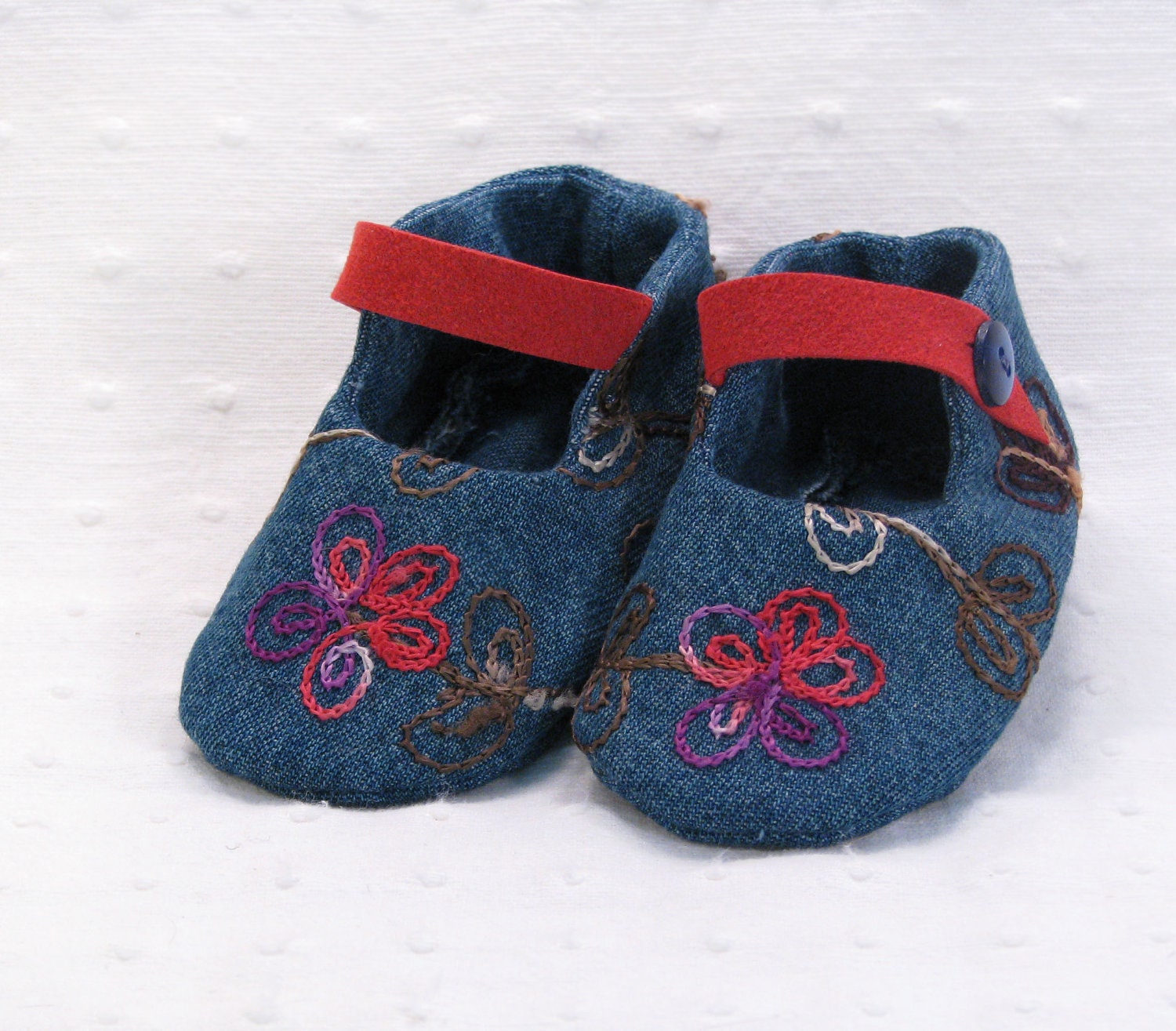 OOAK Baby Booties - Baby girl shoes - Vintage Baby -  denim blue red
