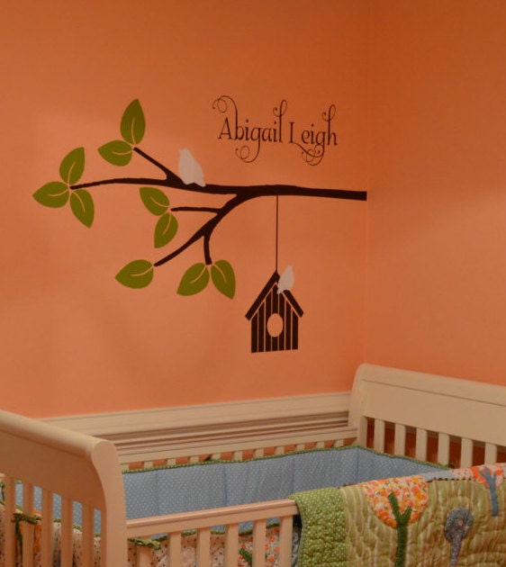 Tree branch Vinyl Wall decal decor Kids monogram and Birdhouse , Baby nursery wall art