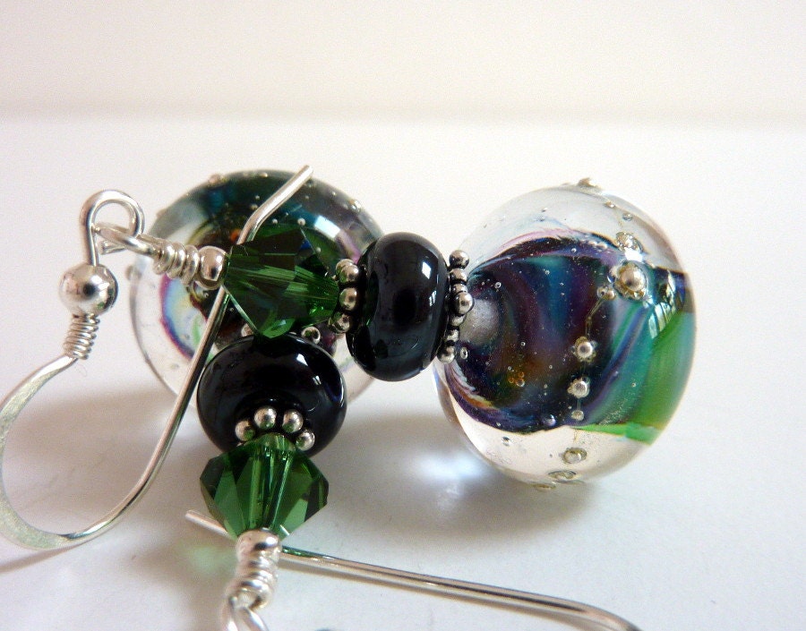 Rainbow Swirl Earrings, Green Purple Blue Violet Black Glass Beaded Earrings, Handmade Lampwork Earrings