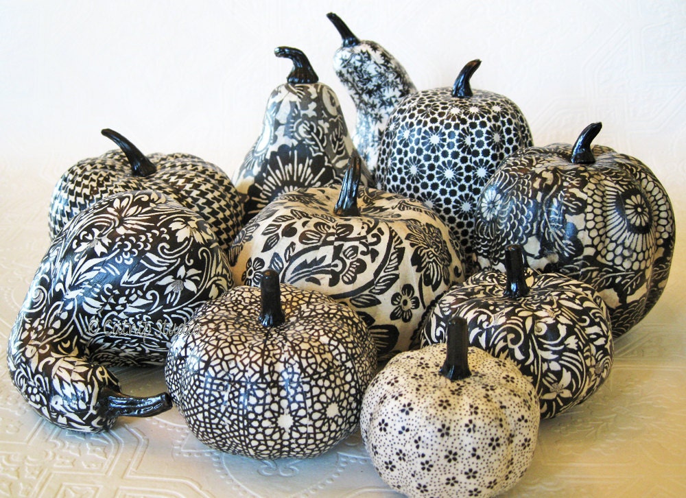 Pumpkin Ornament, Squash Ornament, decoupage pumpkin, black and white pumpkin, origami pumpkin, fall autumn thanksgiving
