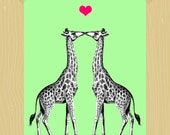 First Kiss Giraffes Printable 5 x 7 Digital Print Mint Green Animal Print Art