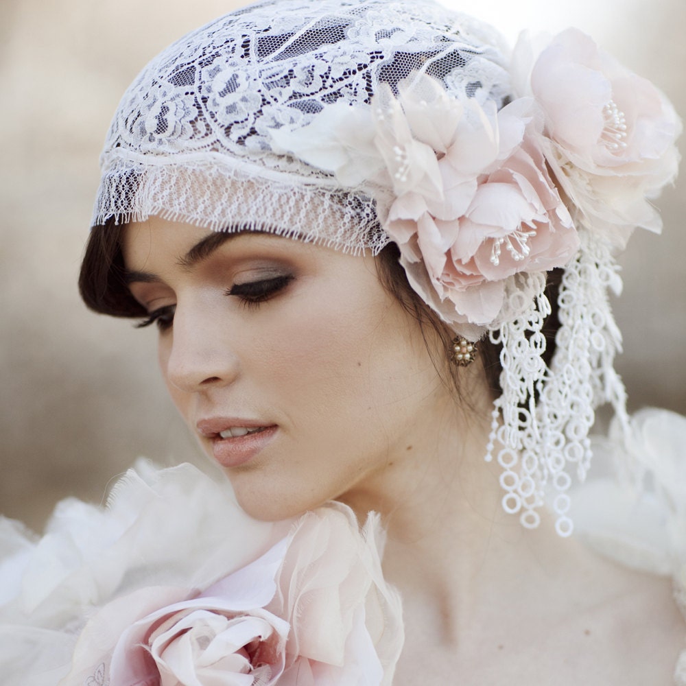 Pastel Blush Juliet Bridal Cap Chantilly Lace Silk Veil 740
