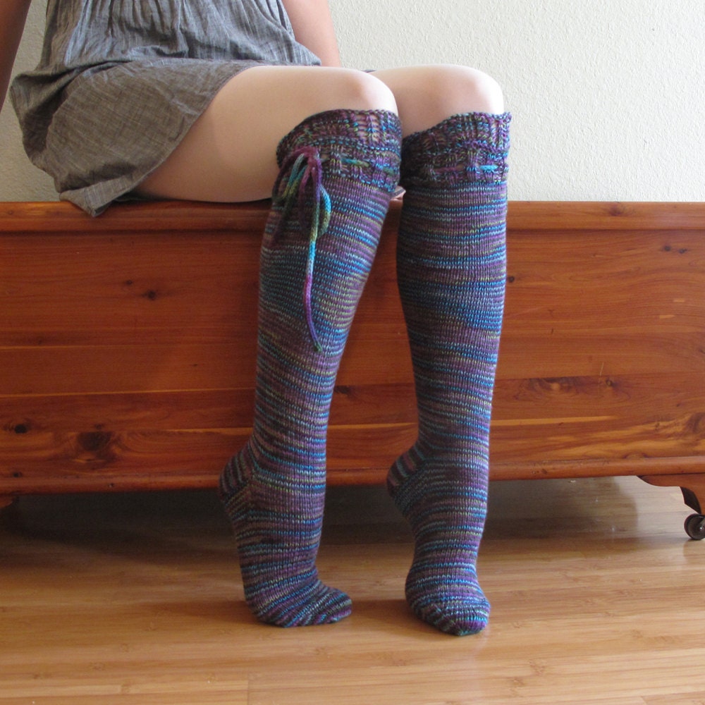 Knee High Socks Purple Sunset Lace Merino Wool with Ties hand knit