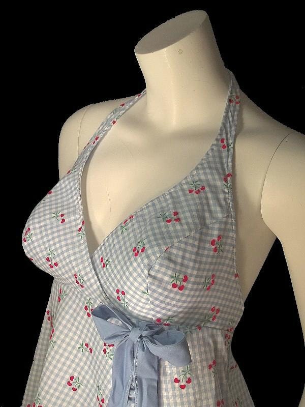 CHERRIES Novelty Print Vintage Gingham Rockabilly Lounging HALTER Swimsuit