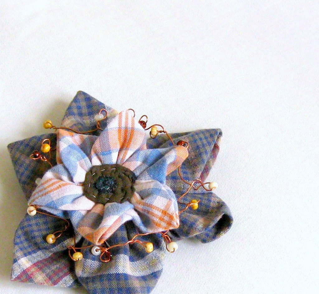 Shawl pin brooch beaded wire folded fabric flower