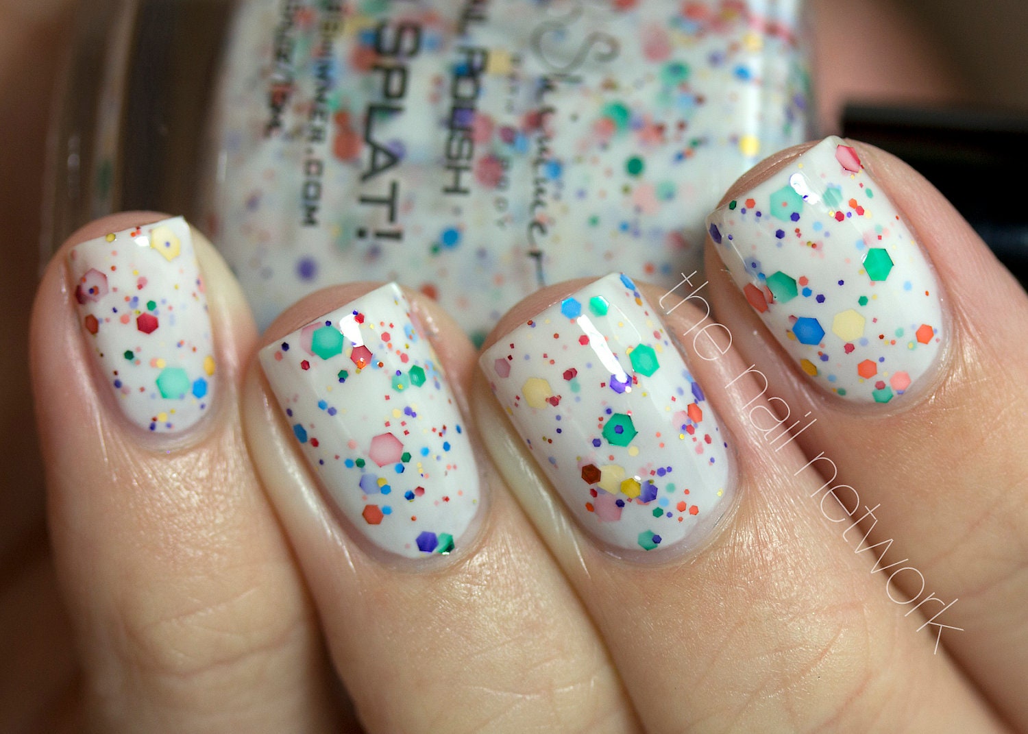 Oh Splat White Glitter Nail Polish with Rainbow Glitters-  0.5 oz Full Sized Bottle