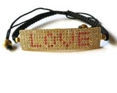 Gold Love Bar Macrame Bracelet - Micropave Swarovski and Ruby Studded - Gold Vermeil
