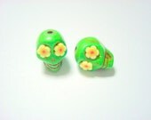 Green and Yellow Flower Eyes in Day of The Dead Sugar Skull Beads-12mm