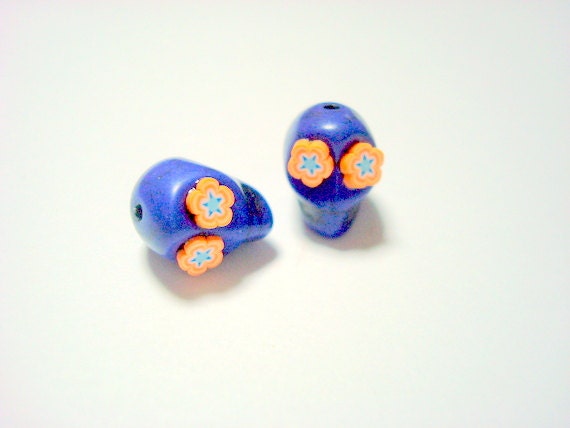Cobalt Blue and Orange Flower Eyes in Small Day of The Dead Sugar Skull Beads-12mm