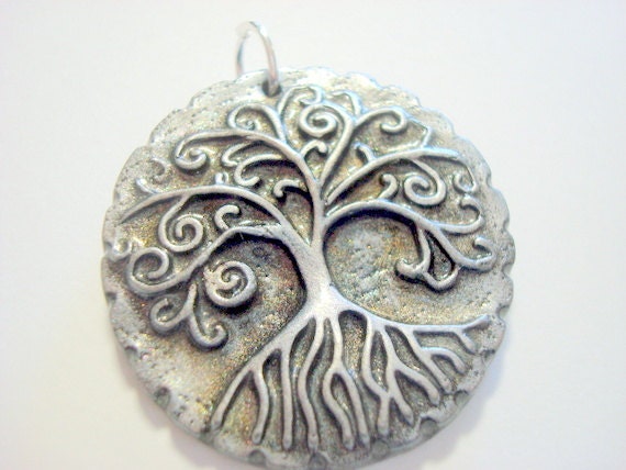 Winter Frost and Black Yggdrasil Tree of Life With Roots Handmade Polymer Clay Pendant or Focal Bead