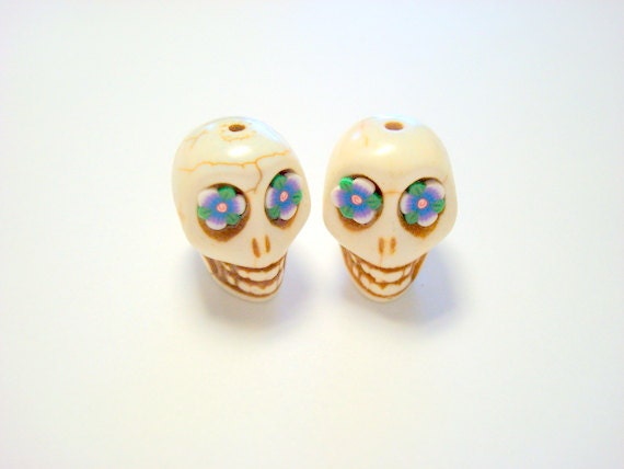 Purple Rose Eyes Ivory Howlite Sugar Skull Beads