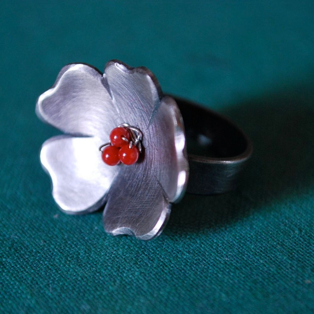 Hibiscus Ring, Sterling Silver, Artisan Metalwork, Size 7