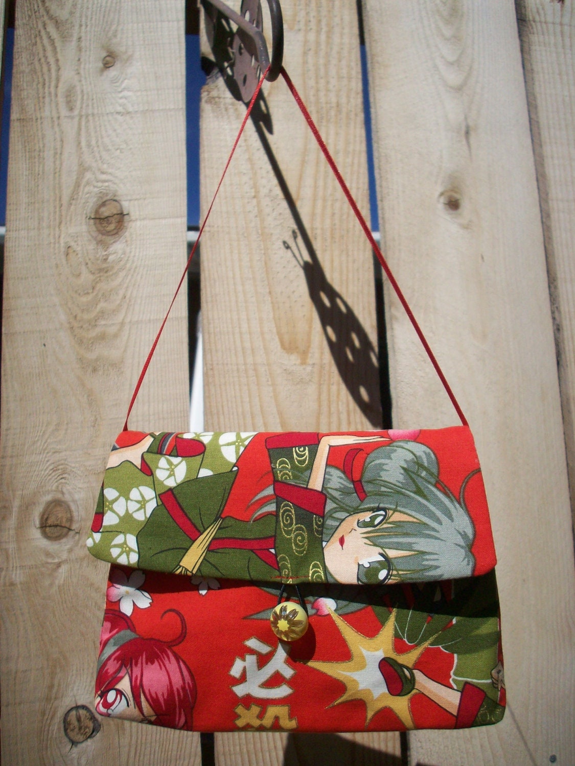 Red and Olive Thunder Flower Girlie Bag Handbag Evening Formal Bridal Church with Red Ribbon Strap