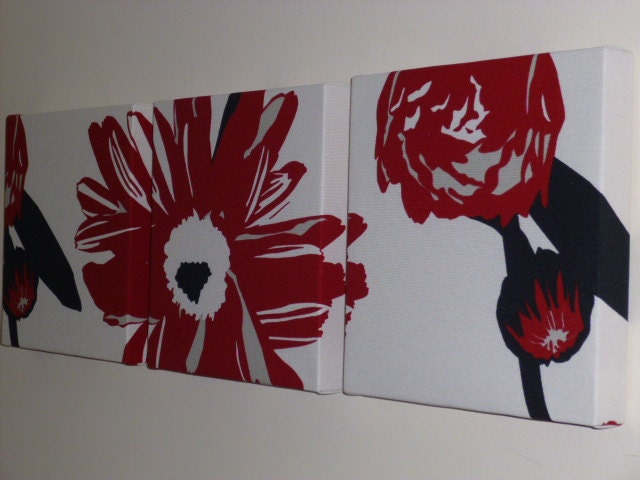 Set Of 3 Contemporary Modern Designer Retro Print Design Red Black Flower Print Wall Hanging Canvases Wall Art Wall Decor NEW FABRIC