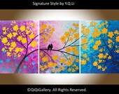 54"Abstract Landscape painting  Original Palette Knife Impasto Love Birds Tree "Songs of Birds and Scent of Flowers"
