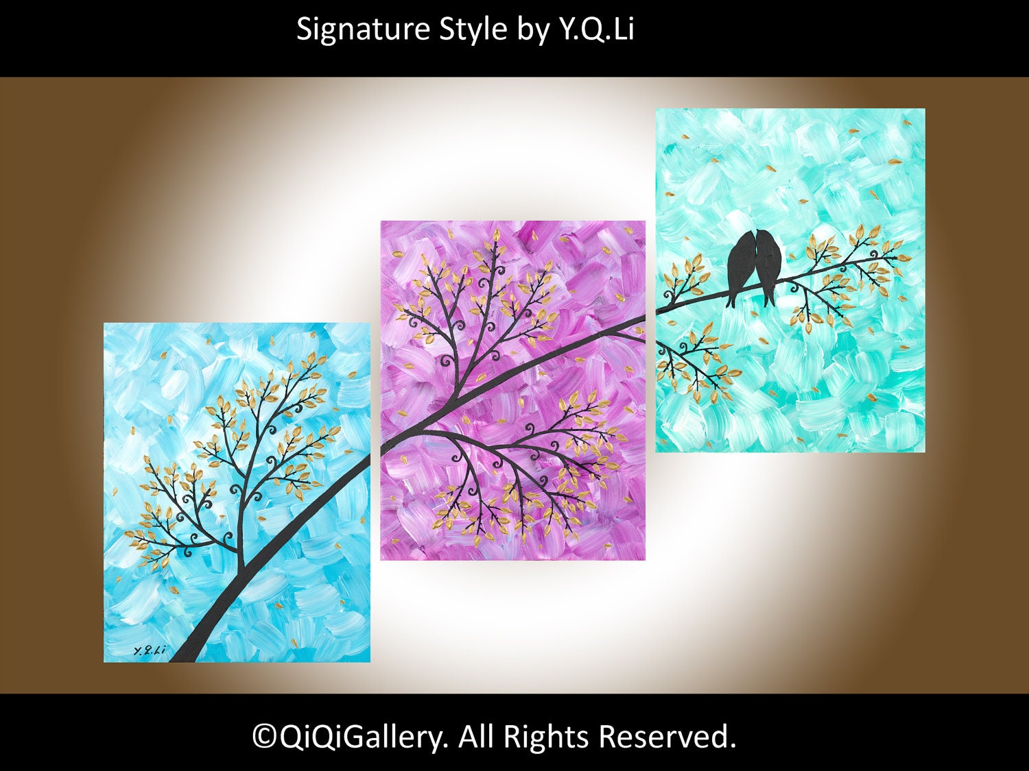 Landscape Abstract Handmade Painting Original Modern Heavy Texture Palette Knife Acrylic Love Birds Wall Décor "Love You Too" by QIQIGALLERY
