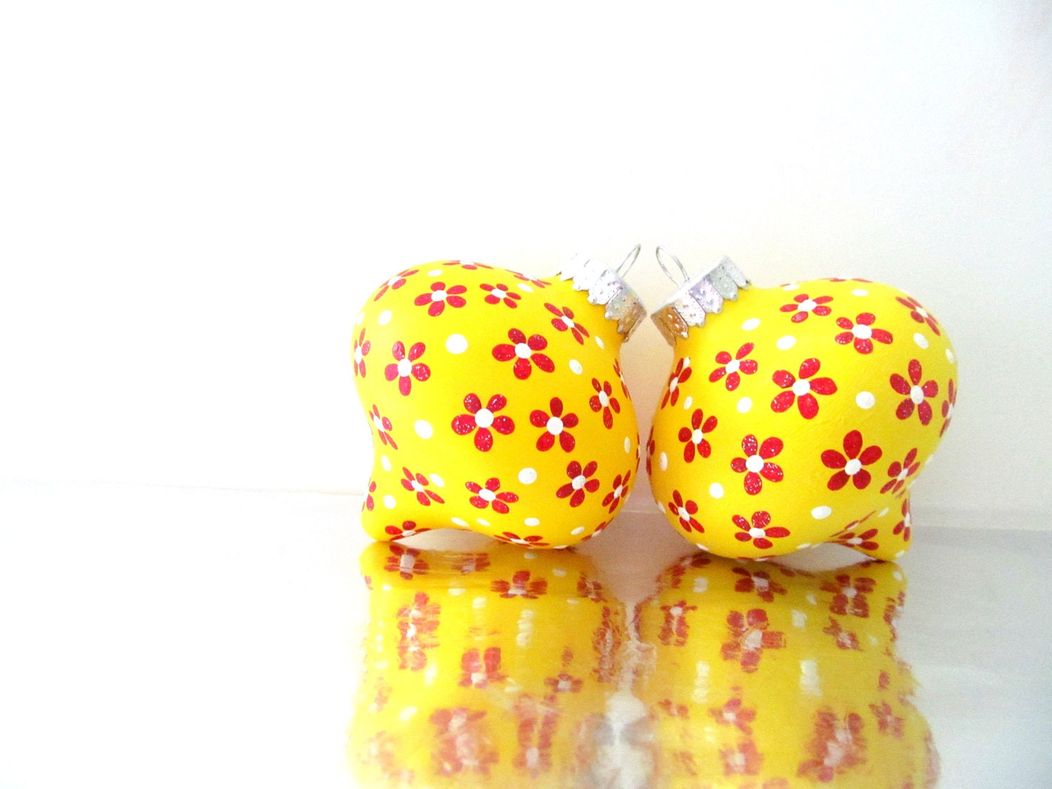 Flowers: Yellow and Red Christmas Tree Ornaments Two Hand painted Glass Ornaments