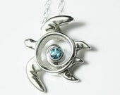 Sea Turtle Necklace - Gemstone Turtle Necklace - Blue Topaz Sea Turtle Pendant - Turtle Totem Sterling Silver - Blue Aqua Ocean Sea Life