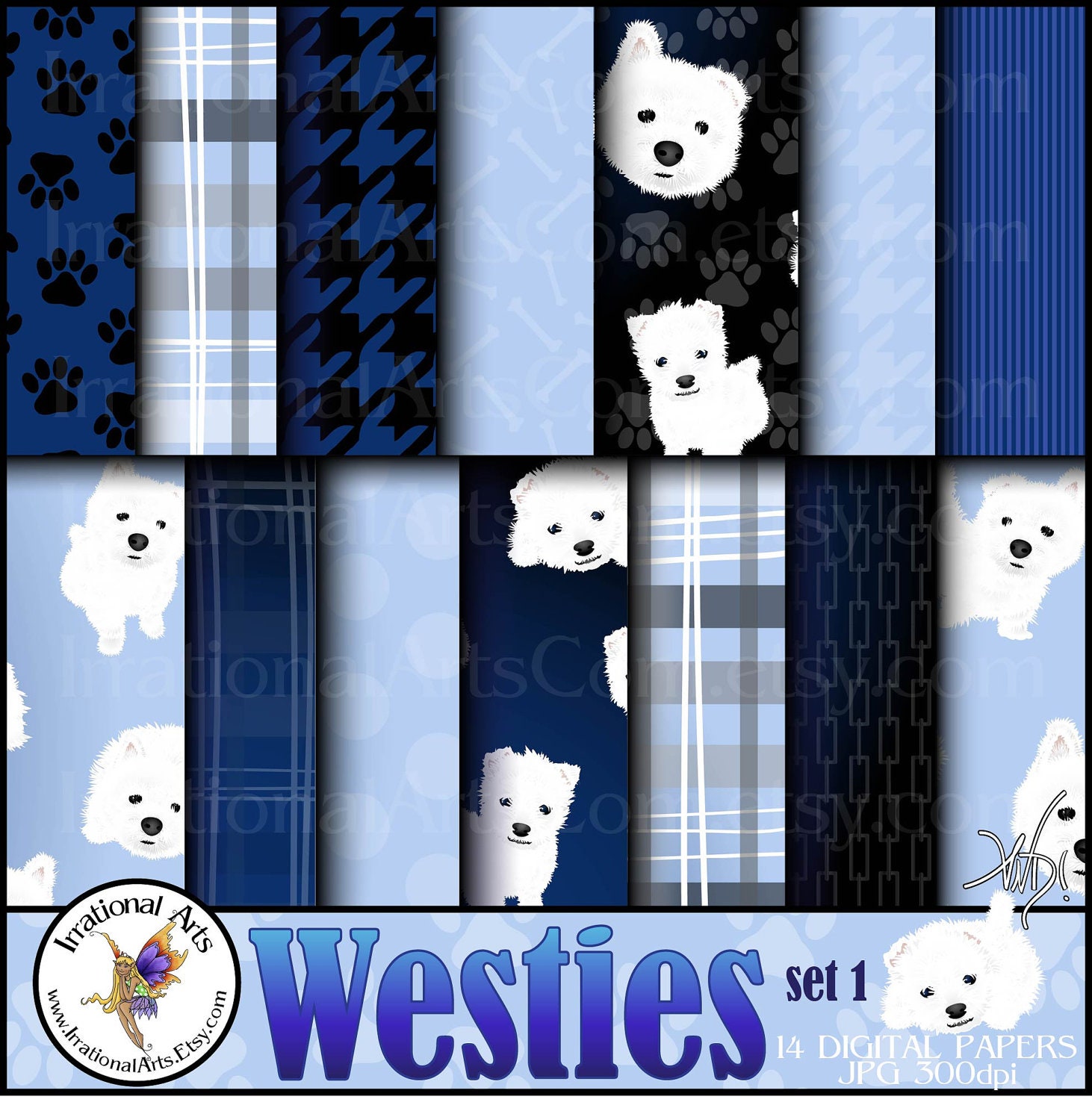 Westie Dog set 1 with 14 digital papers with 10 adorable Westie dogs and 3 faces houndstooth madras plaid paw prints dog bones dots