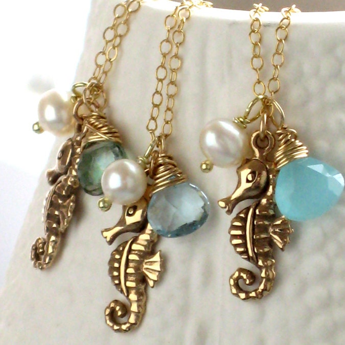 Bridesmaid Gift Set, 3 Seahorse Necklaces with Gemstone & Pearl in 14k Gold fill, Bronze Seahorse Charm, Beach Wedding, Summer Wedding