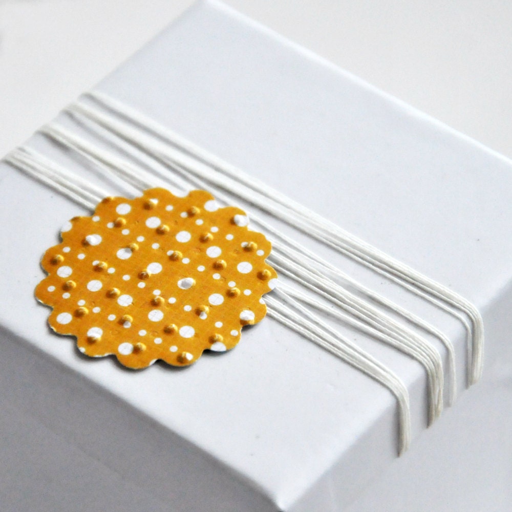 15 Yellow Scalloped Embossed Circle  Stickers Seals White Dots