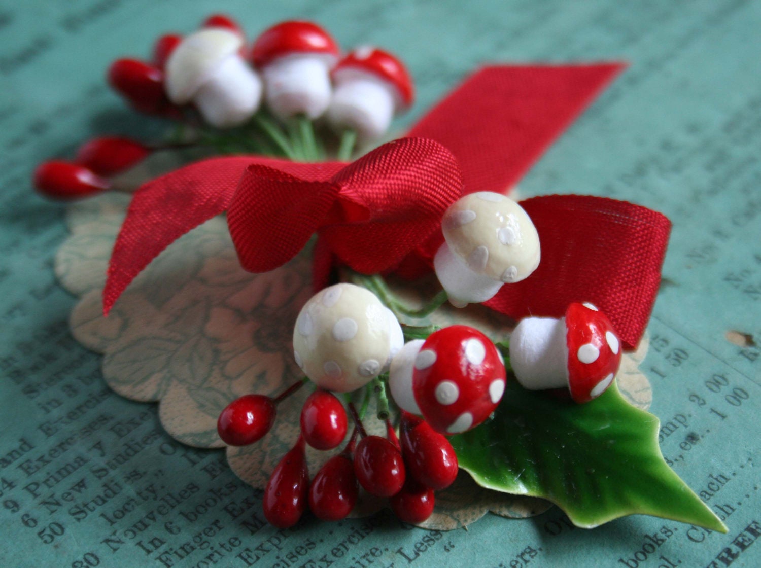 Red and Cream tiny German Spun Cotton Mushrooms...the Holiday collection