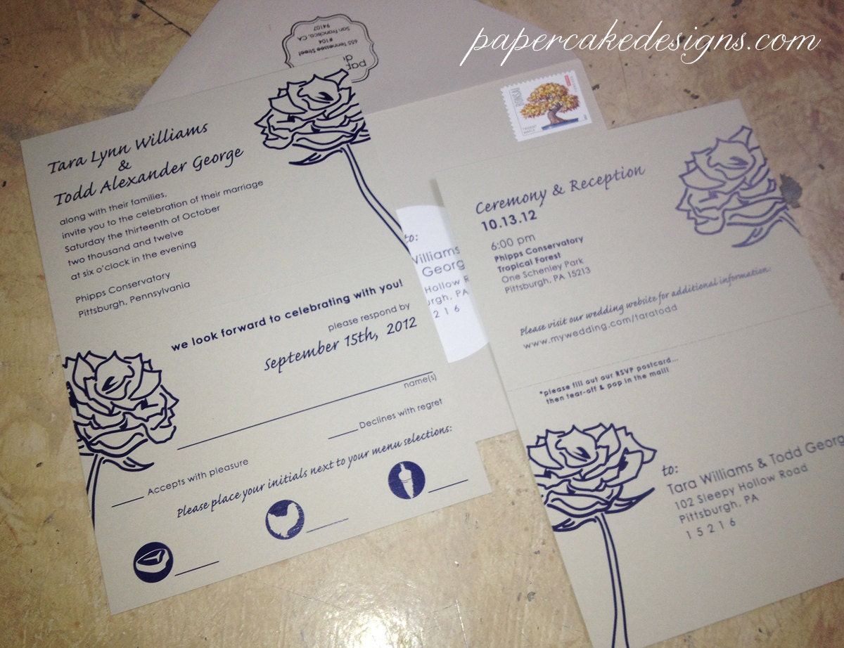 Wedding Invitation Tear-off RSVP Postcard  / 5x7 printed front and back / Flower Graphics