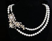 Gold Wedding Necklace White Ivory Pearl Statement Bridal Necklace Crystal Flower Double Strand Wedding Jewelry SABINE GRAND NECKLET