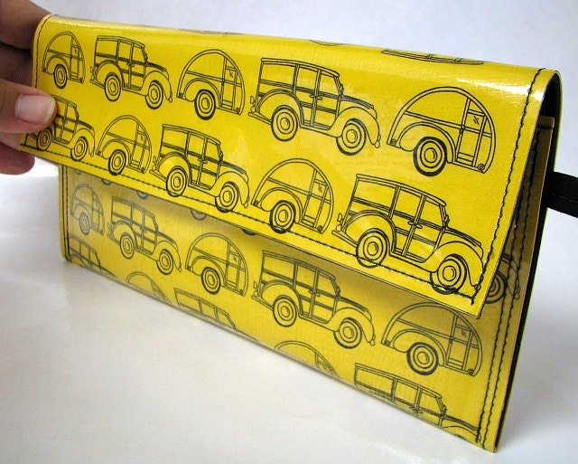 Vintage California  Woody and Teardrop Trailer vinyl clutch wallet  You PICK color card stock