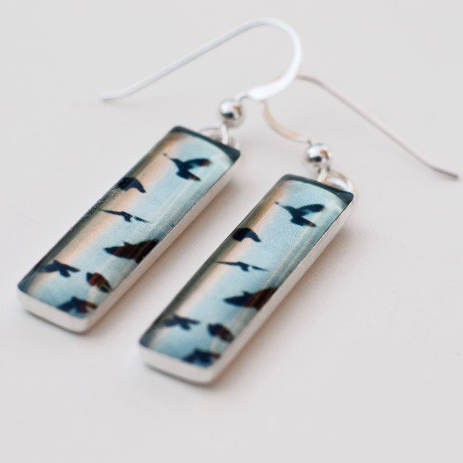 Flying Beach Crows - Long Rectangular Sterling Silver and Resin Earrings with Fine Art Image Transfer and Resin